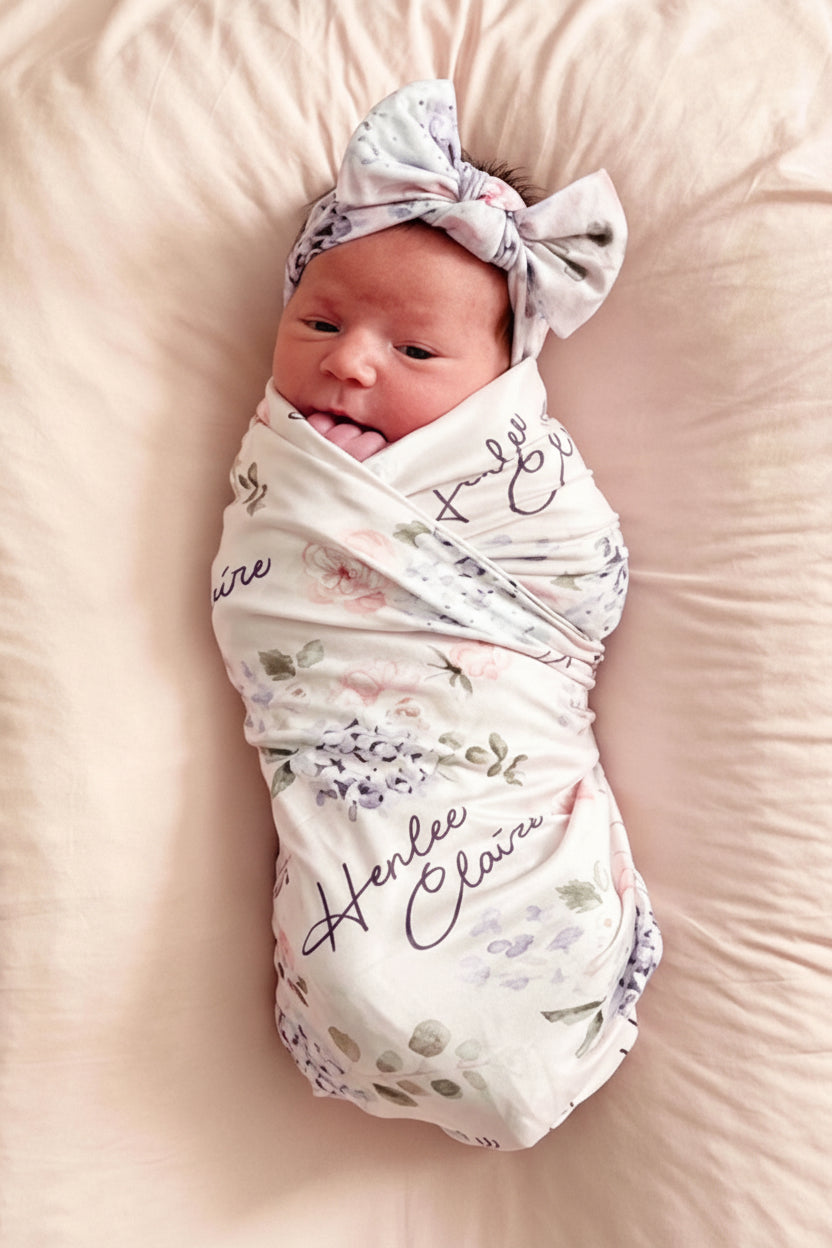 personalized hydrangea swaddle 