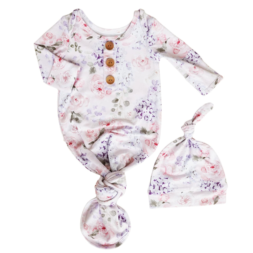 pink and purple newborn knot gown and hat set
