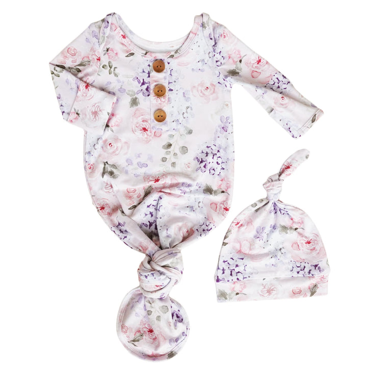 pink and purple newborn knot gown and hat set