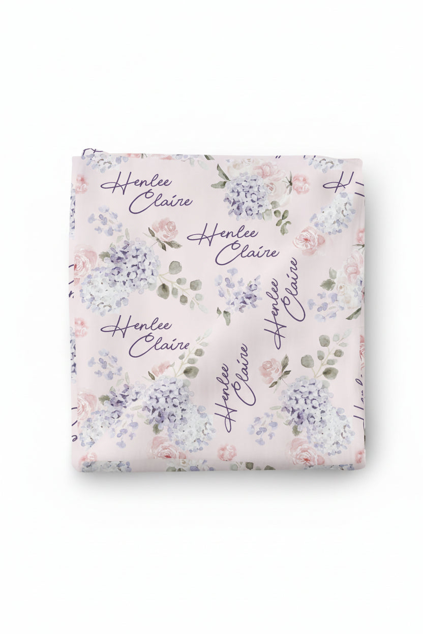 personalized pink and purple hydrangea swaddle 