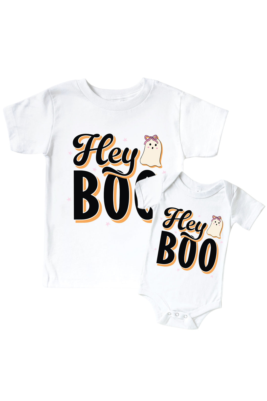 Matching white kids' t-shirt and baby bodysuit, both printed with 'Hey Boo' text and a pink-bowed ghost illustration.