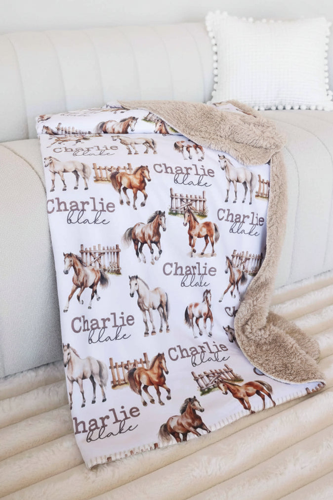 kids personalized fuzzy blanket with horses