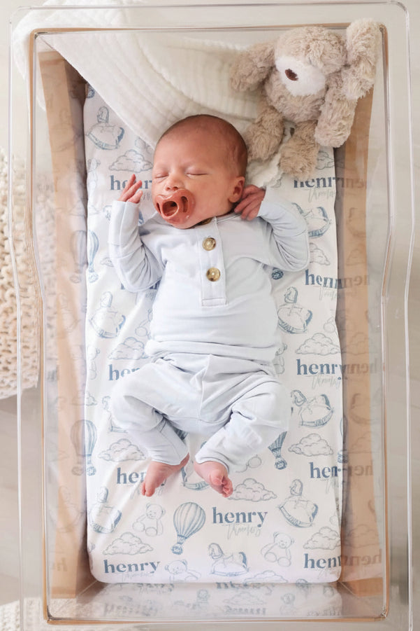 white and dusty blue personalized swaddle blanket for boys 
