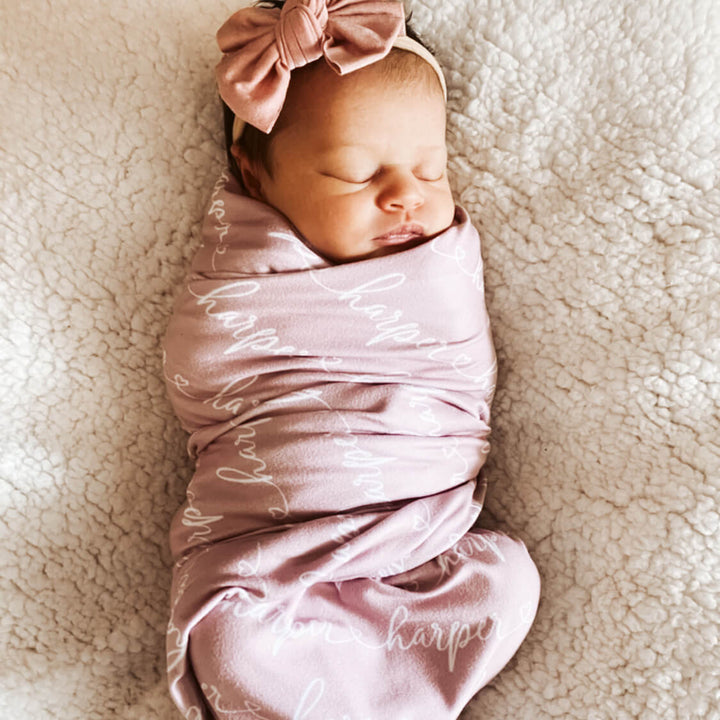 personalized light mauve baby name swaddle blanket heart script