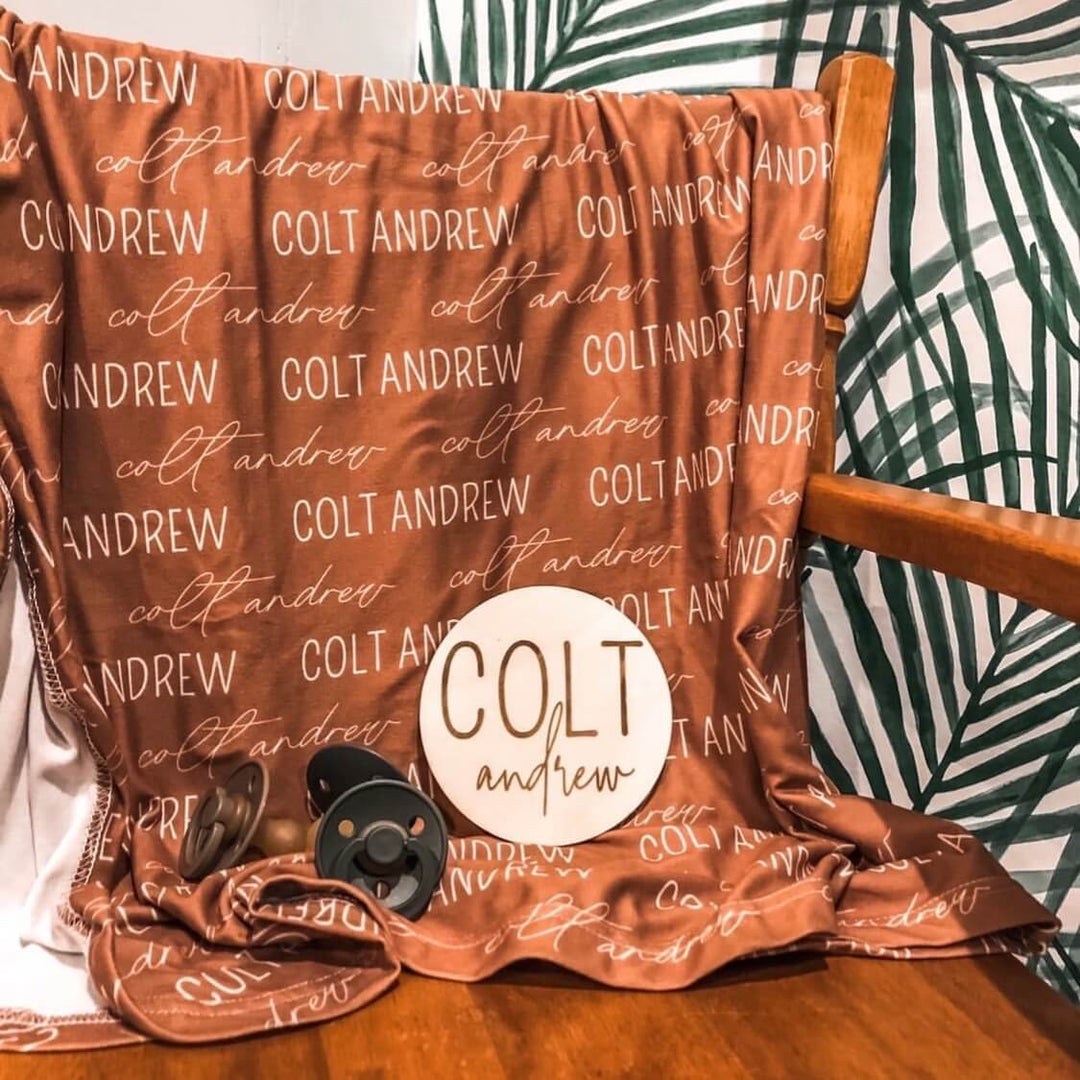 brown baby name swaddle blanket 