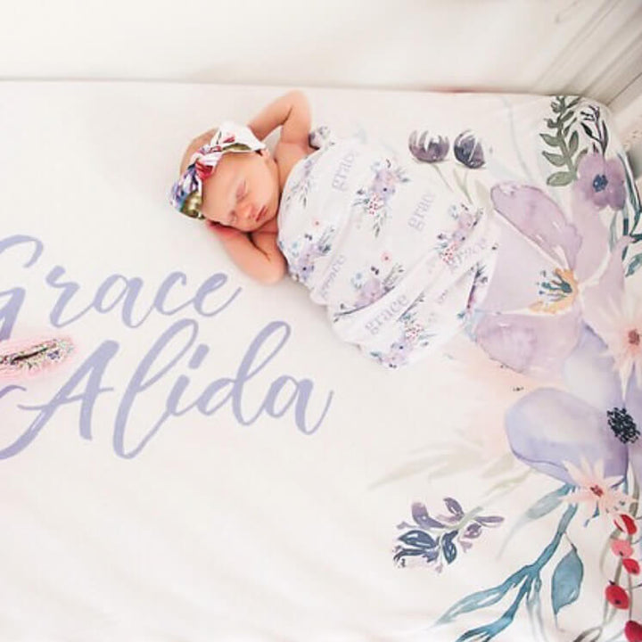 dusty purple floral personalized crib sheet