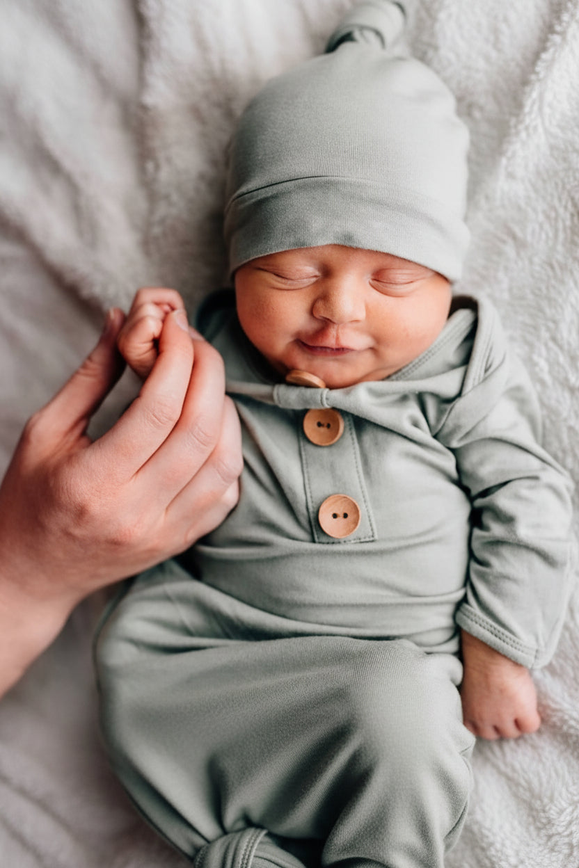 moss newborn knot gown and hat set 