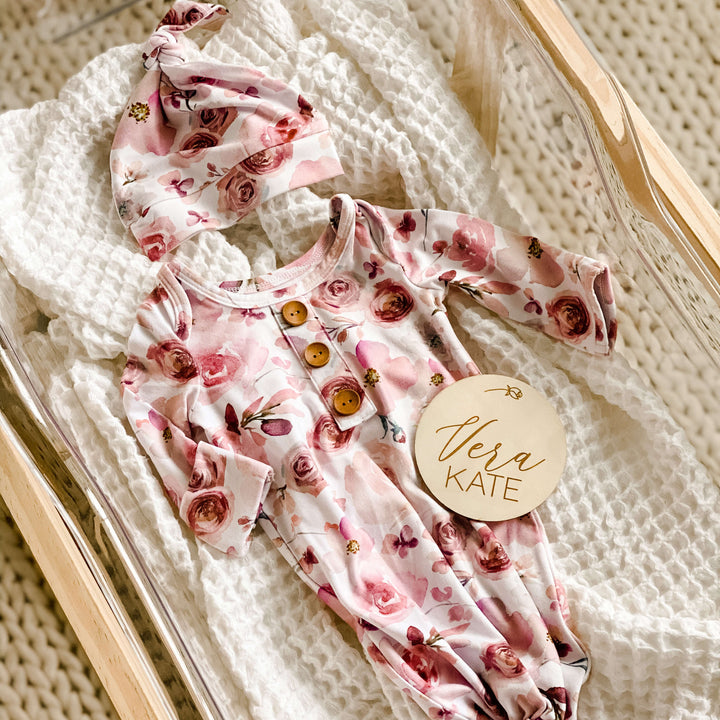 baby knot gown with mauve roses