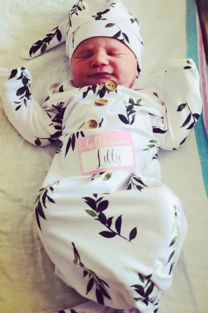 newborn knot gown and hat set with greenery