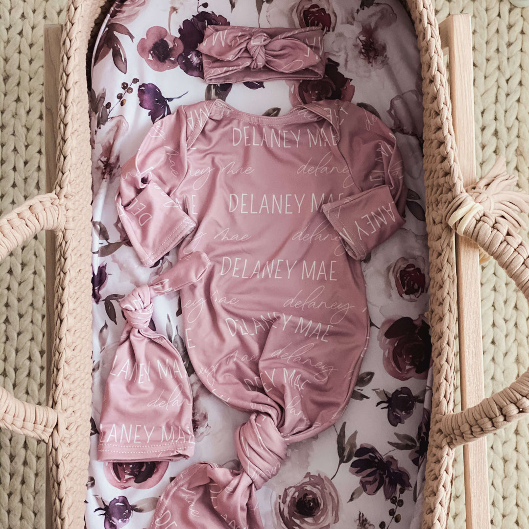 mauve knot gown with baby name 