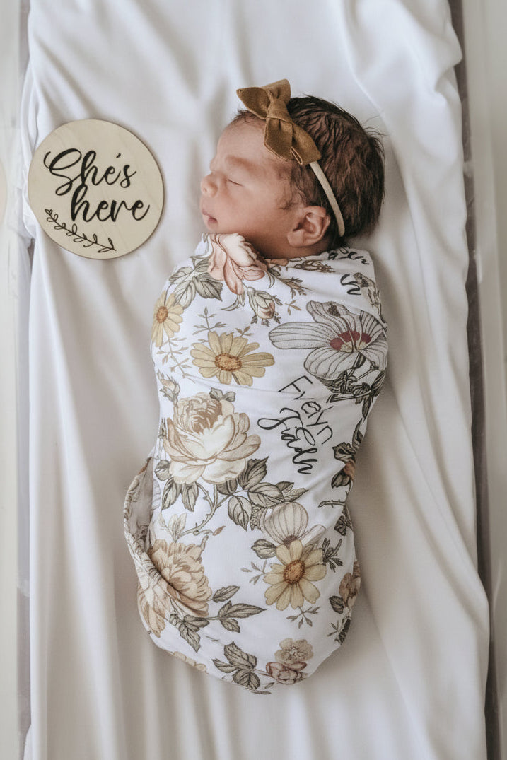 vintage floral personalized baby name swaddle blanket 