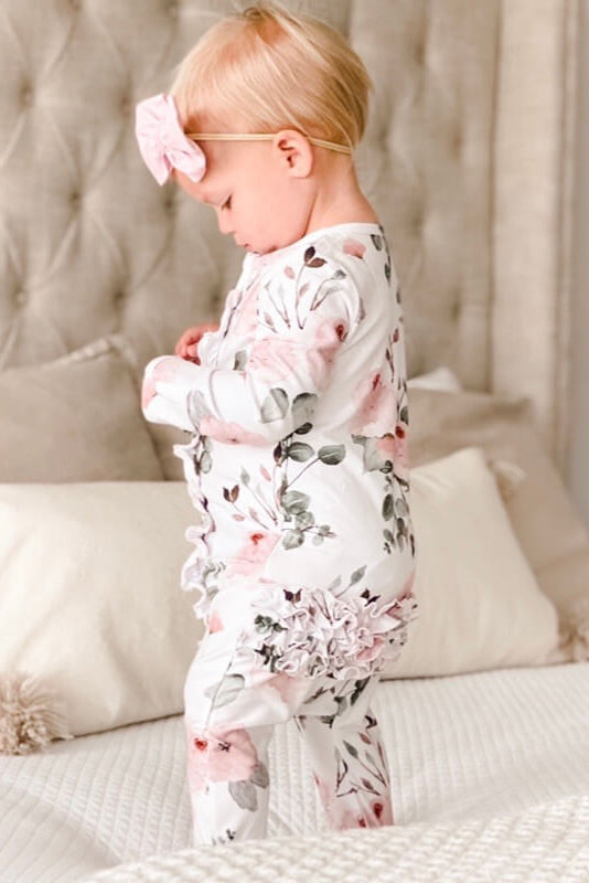 dusty pink floral ruffle footie 