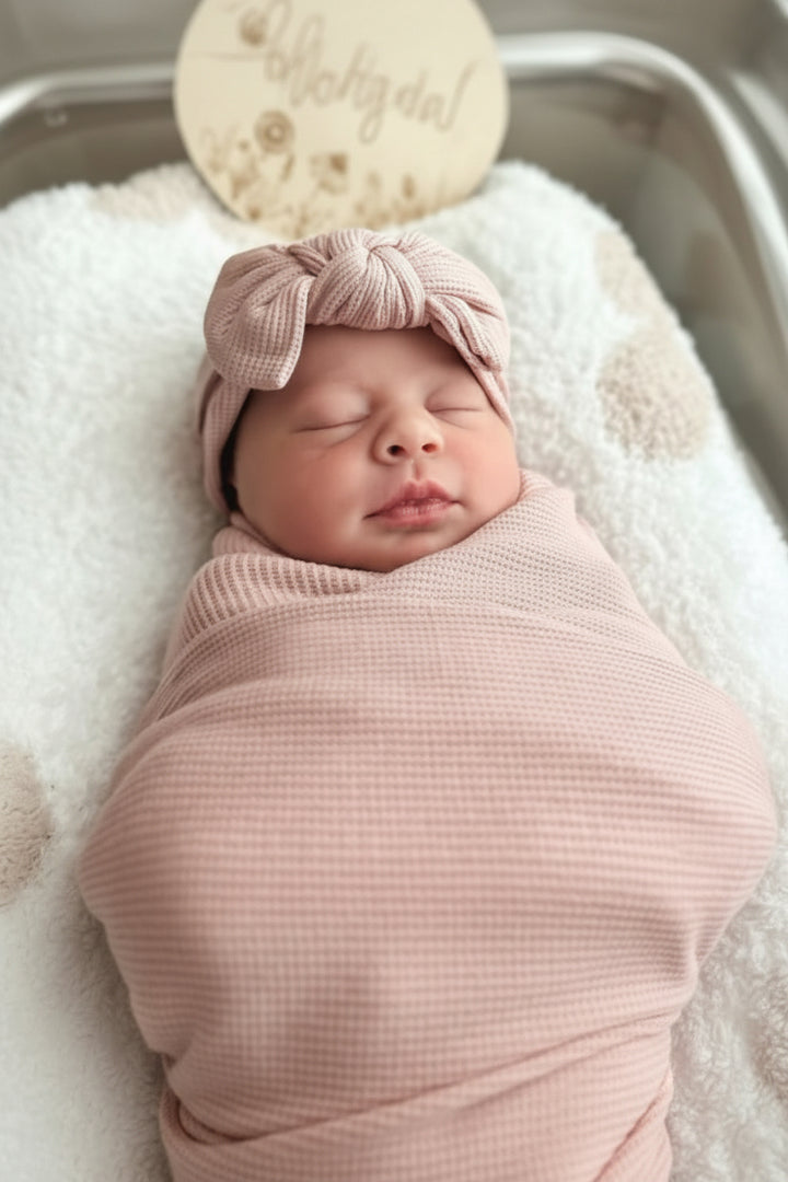 Lovely Pink Bamboo Waffle Knit Large Bow Headwrap