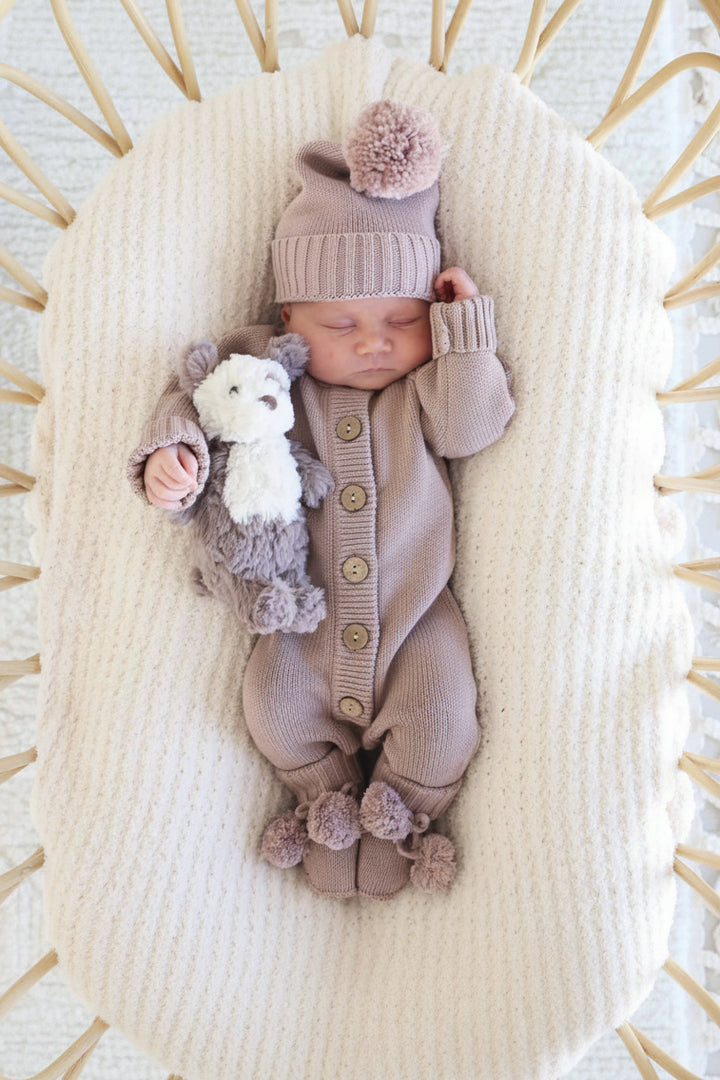 warm newborn outfit purple sweater romper with buttons