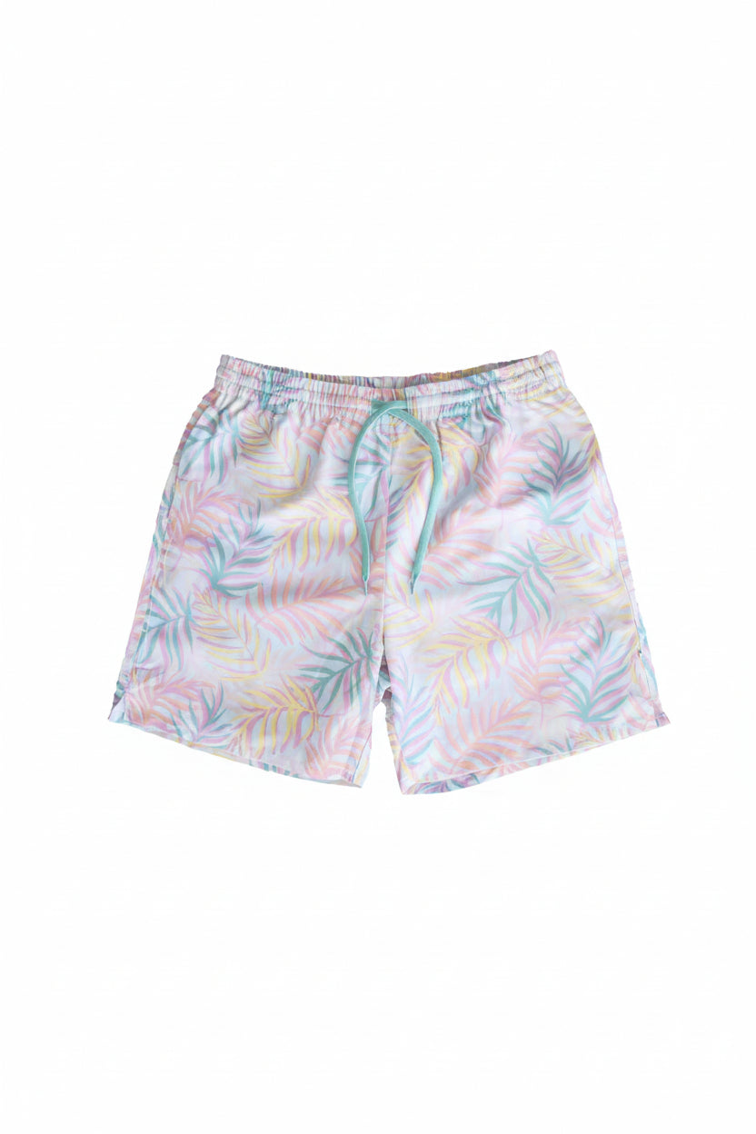men's swim trunks with a pastel palm leaves pattern - family matching swim style - caden lane
