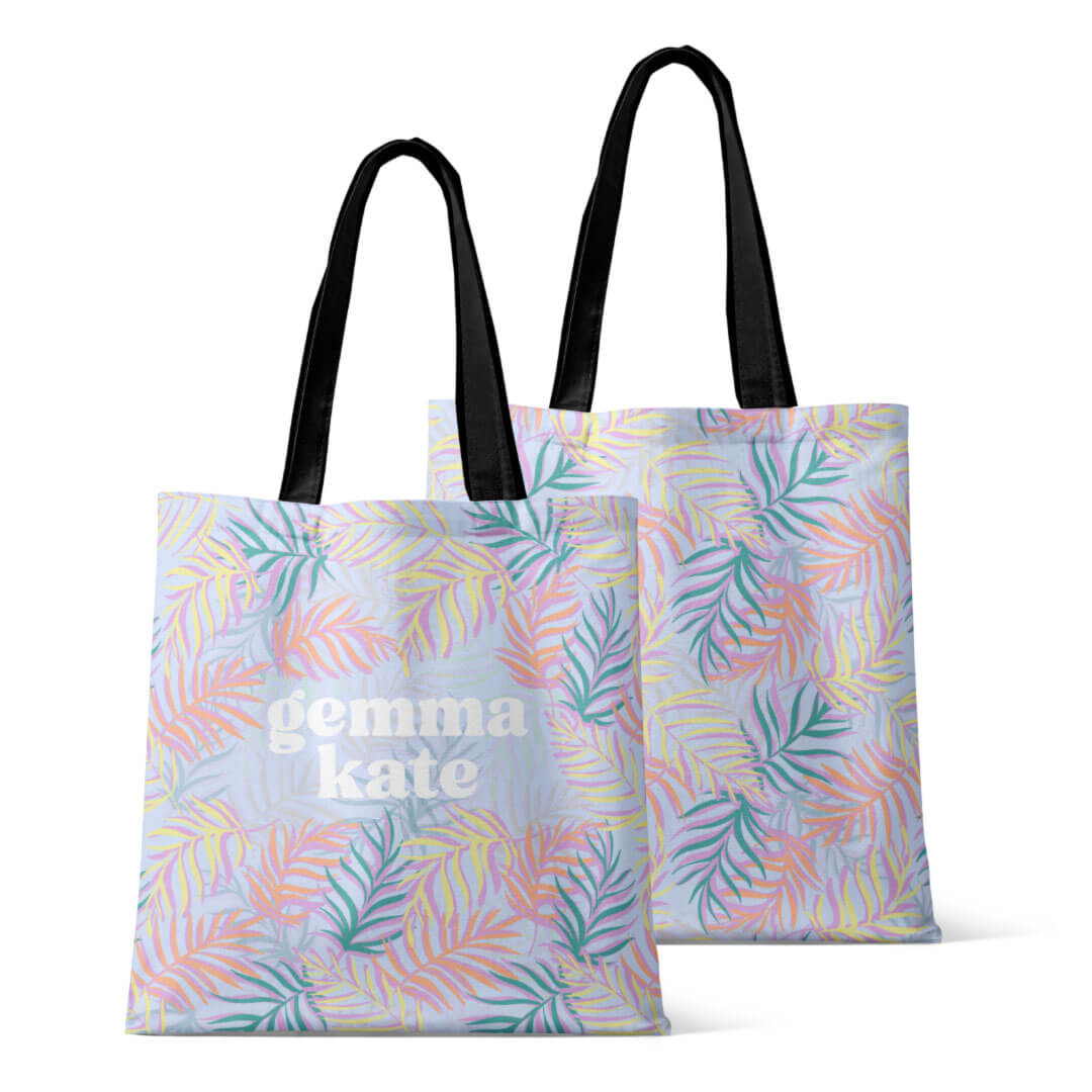 personalized kids tote bag with pastel palm leaves print - caden lane