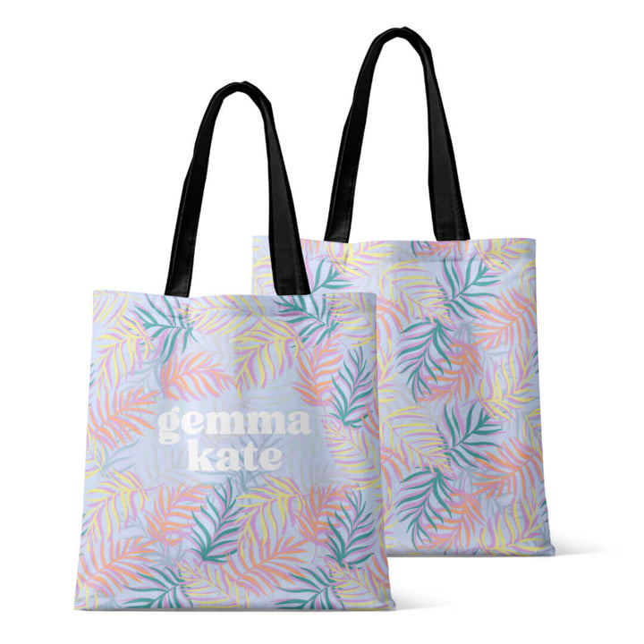 personalized kids tote bag with pastel palm leaves print - caden lane