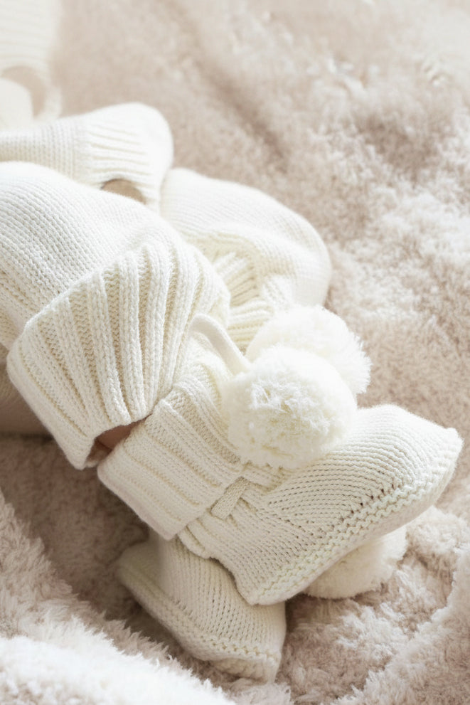ivory pom pom booties for babies