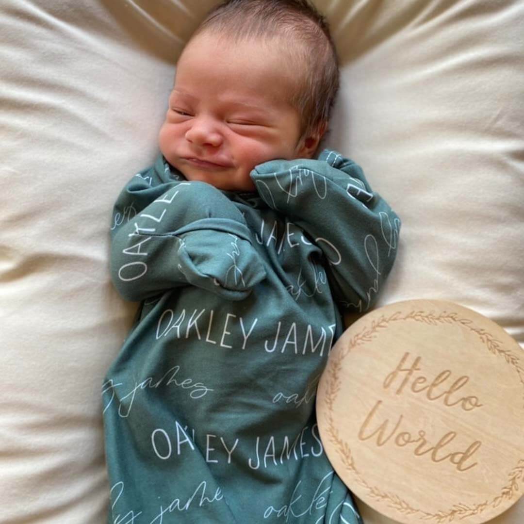 block and script personalized newborn knot gown jade 