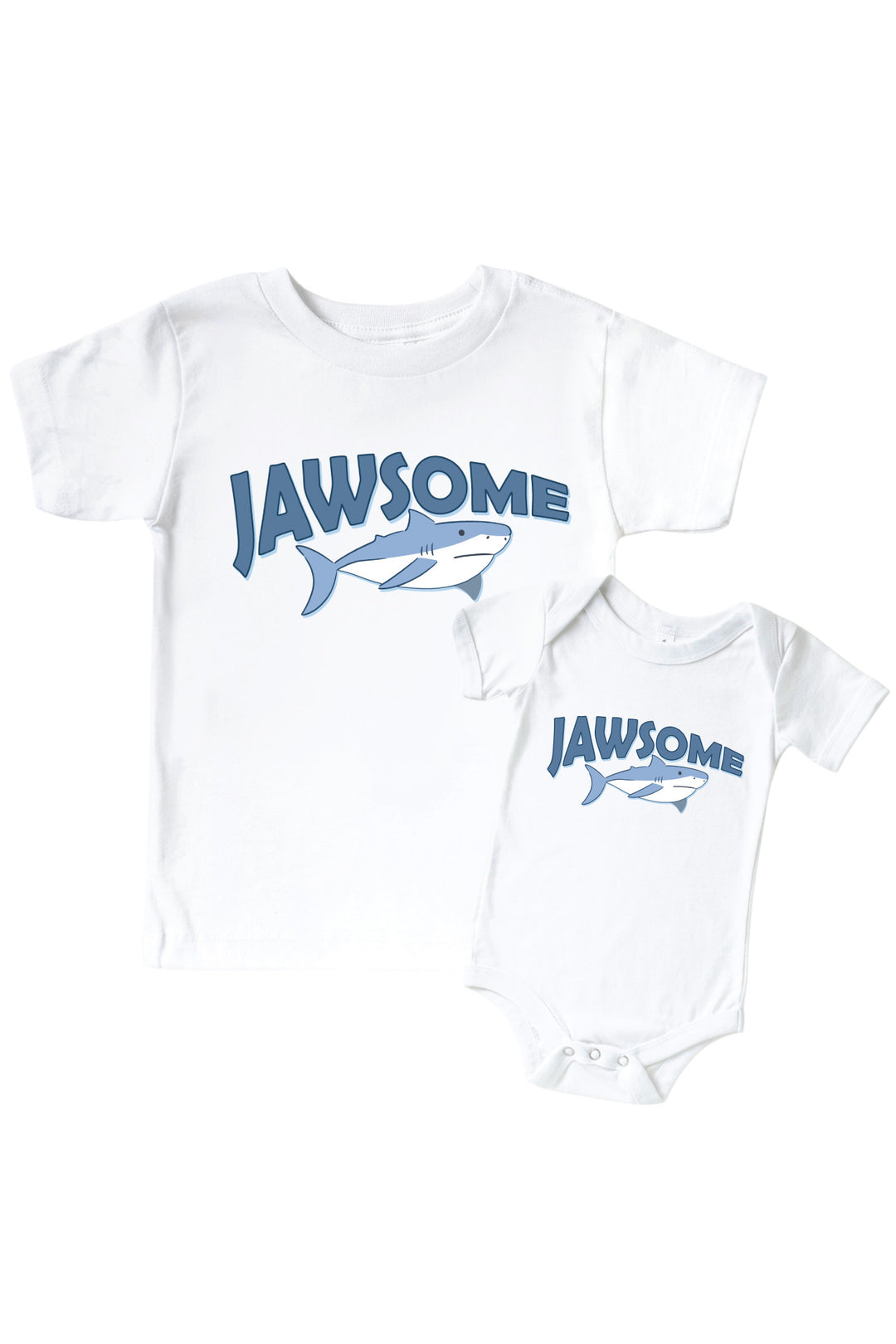 white jawsome shark graphic bodysuit and kids tee