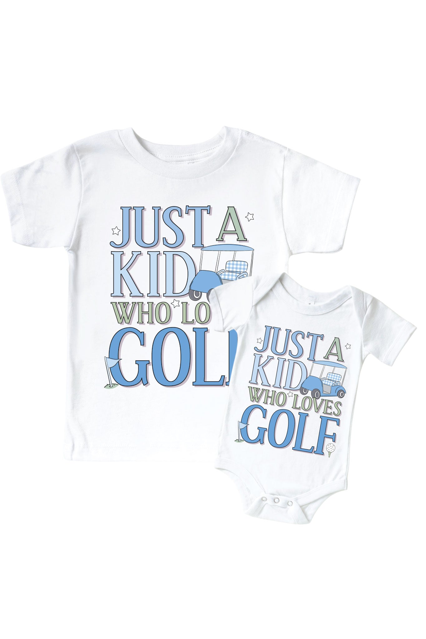 A Kid With Golf Love Blue Graphic Bodysuit & Kids Tee | White