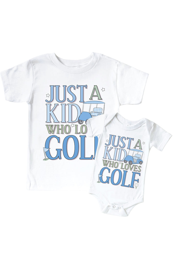 golf just a kid with golf love graphic bodysuit and kids tee set in white with blue print, caddie crew collection