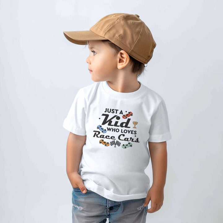 just a kids who loves race cars graphic tee for boys 