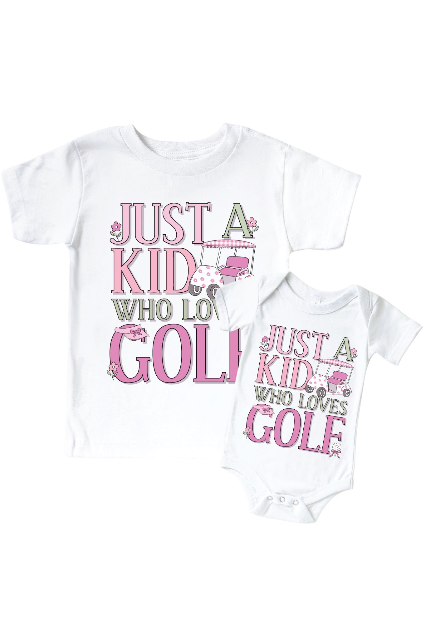 A Kid With Golf Love Pink Graphic Bodysuit & Kids Tee | White