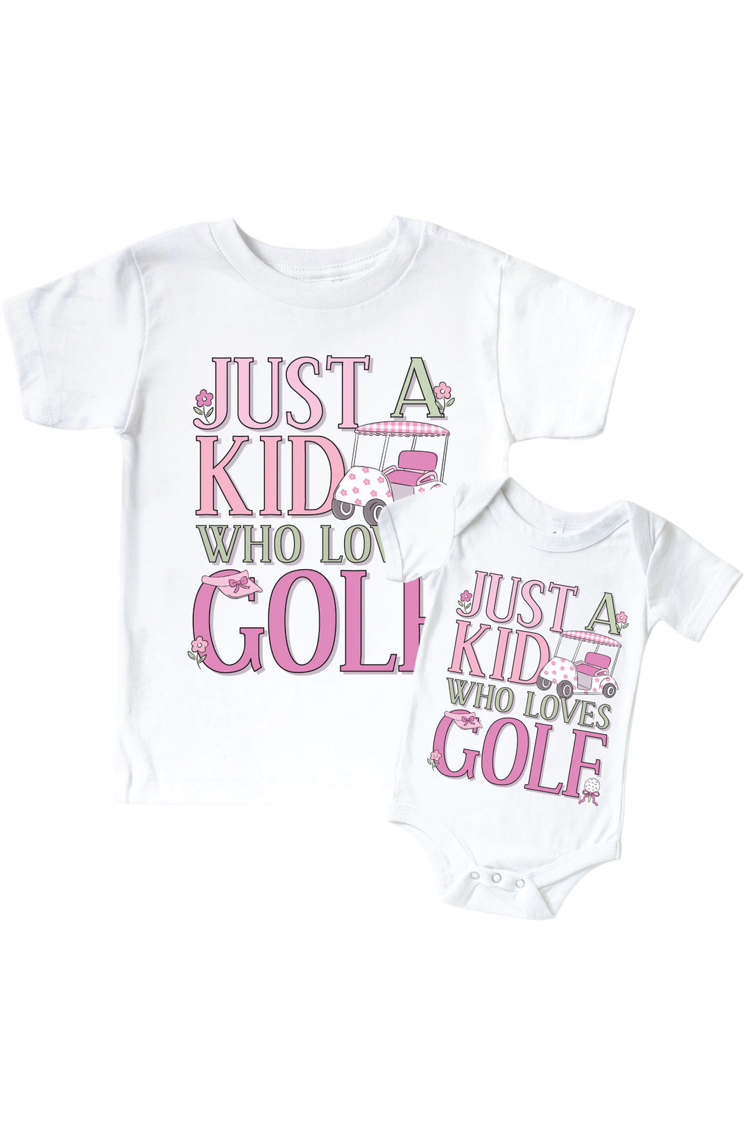 golf just a kid with golf love graphic bodysuit and kids tee set in white with pink print, caddie crew collection