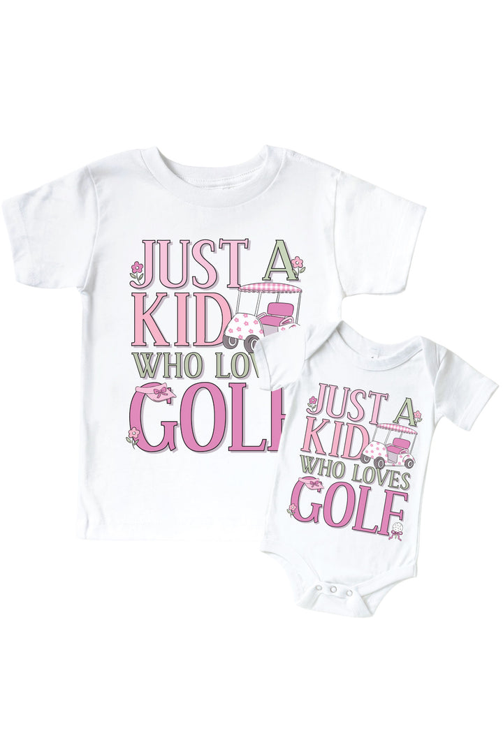golf just a kid with golf love graphic bodysuit and kids tee set in white with pink print, caddie crew collection