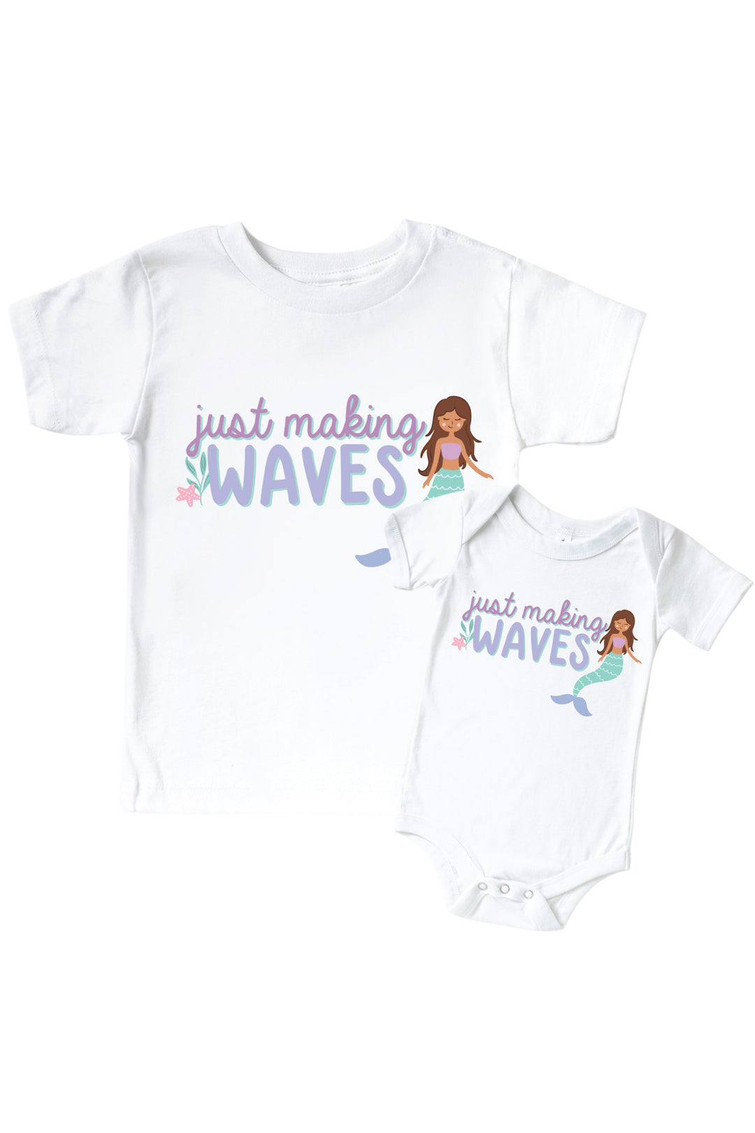 just making waves graphic bodysuit and kids tee in white with mermaid summer print