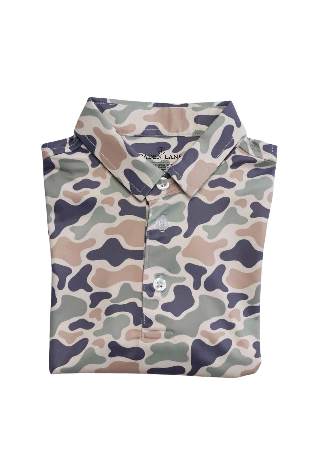 Flat lay of the kids Camo Cutie Short Sleeve Polo