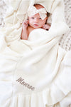 Embroidered Knit Blanket With Ruffle | Ivory