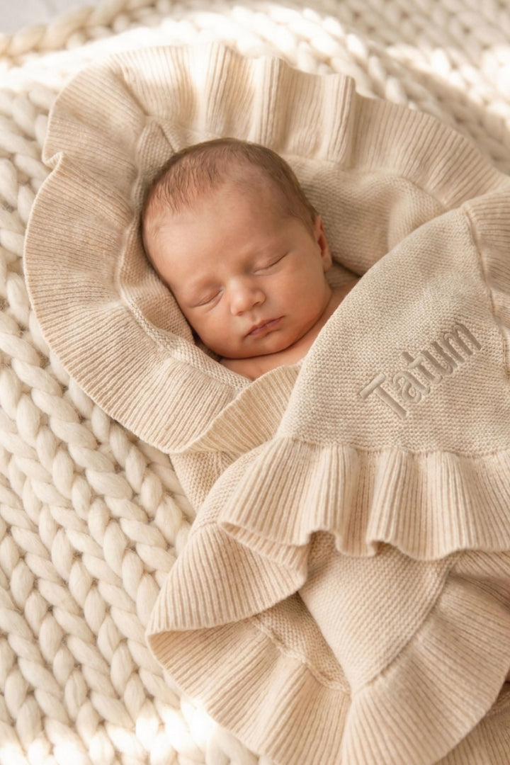 sand knit blanket for babies with embroidered block font name