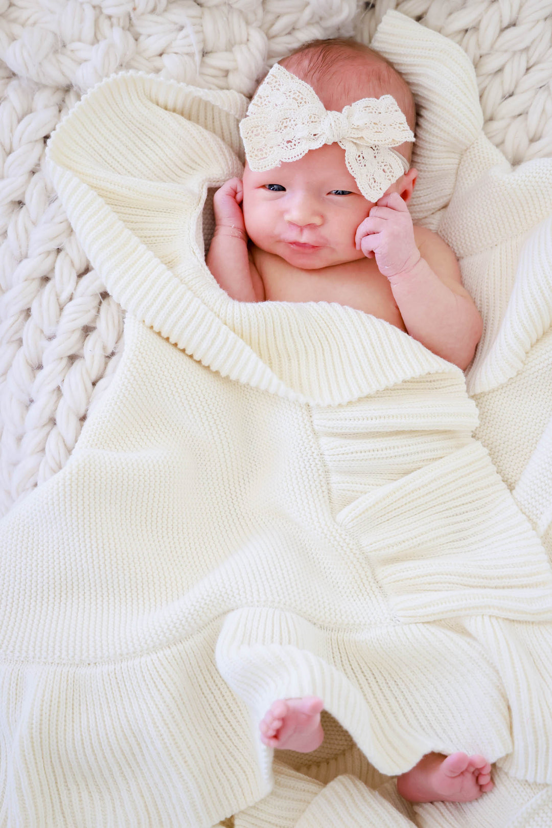 ivory knit blanket with lace bow headband 