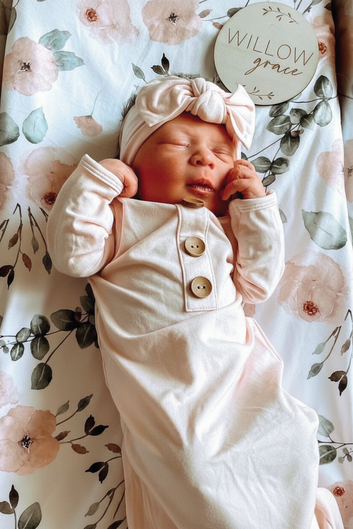 Solid Blush Bamboo Baby Knot Gown & Hat
