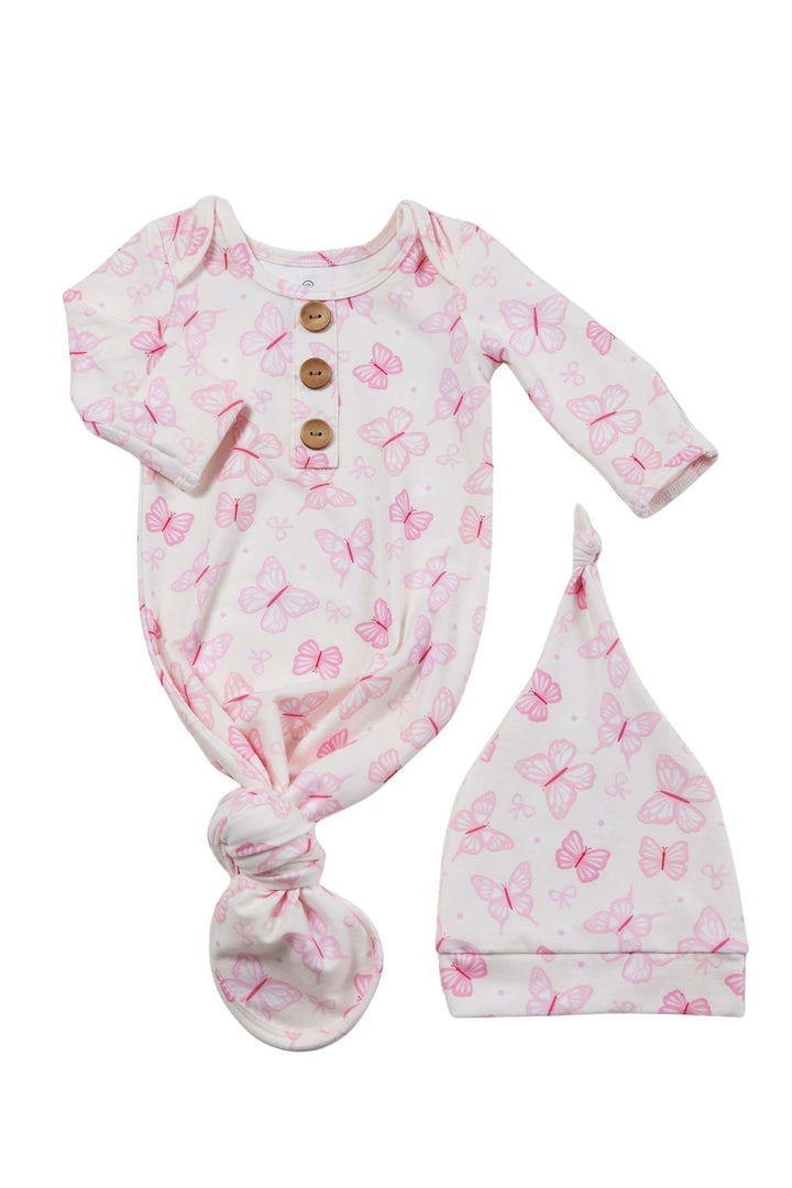 Newborn Baby Knot Gown & Hat Set in Blooming Butterflies print - isolated product shot on white background showing the gown and matching hat, displaying the full pink butterfly pattern