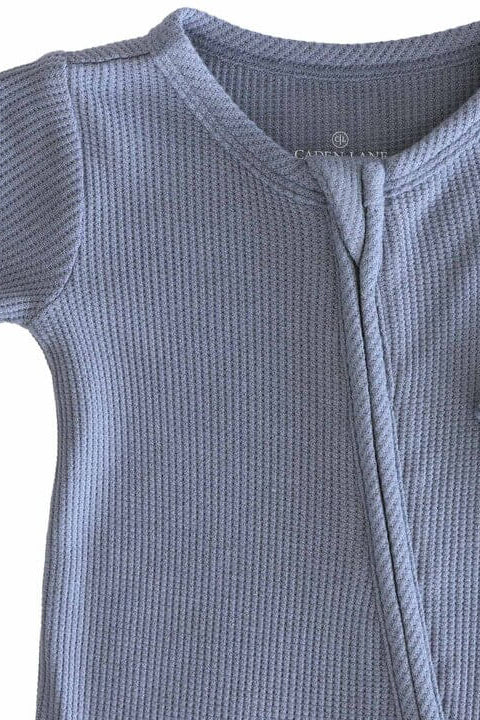 dusty blue bamboo waffle zipper footie for baby boys 