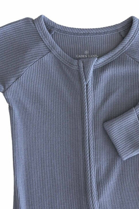 dusty blue bamboo waffle convertible zip romper pajama for baby and toddler boys 