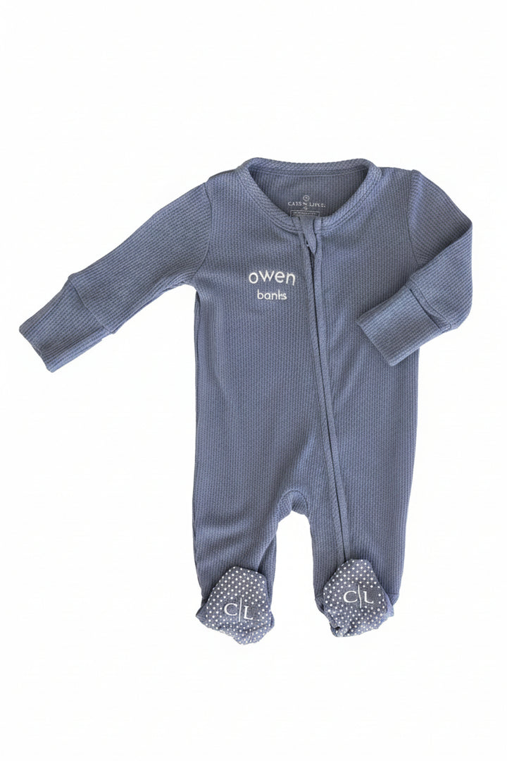 lake embroidered name zipper footie for baby boys 