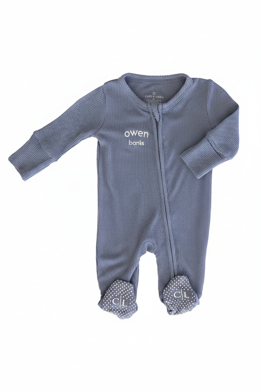 Embroidered Bamboo Waffle Zipper Footie | Mountain Haze