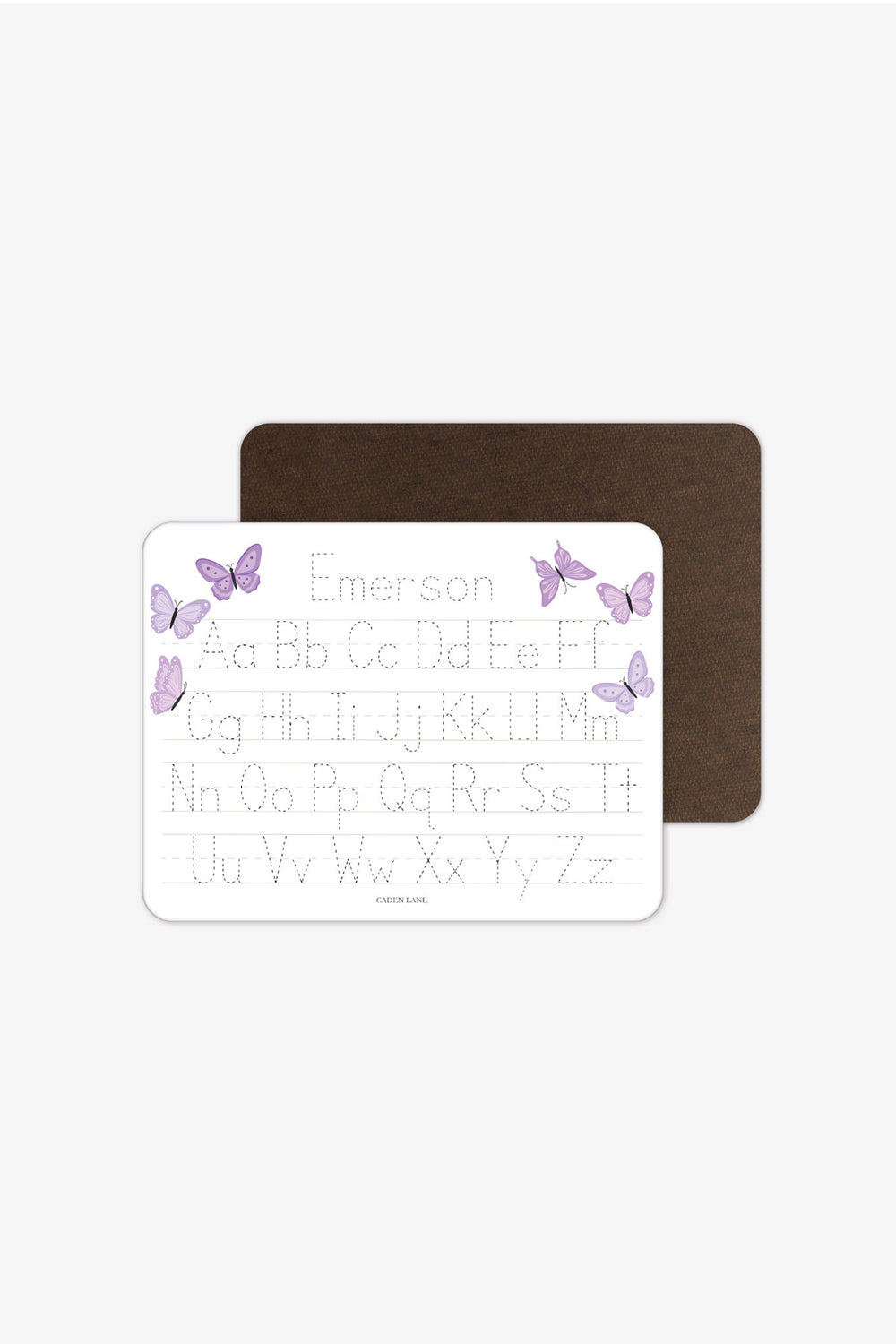 Front and back view of a personalized Caden Lane Lavender Wings alphabet whiteboard with dark wood-grain back, showing purple butterflies and tracing letters with custom name