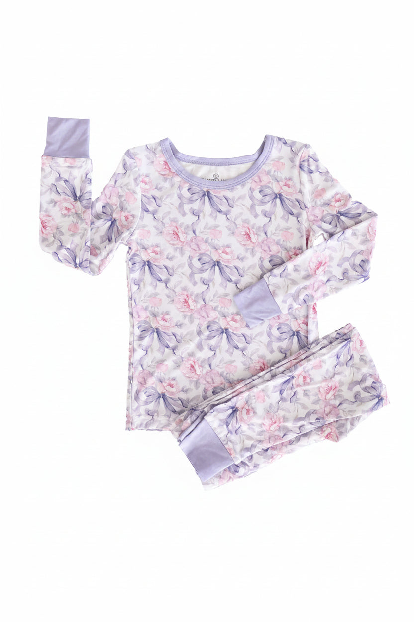 pink rose and purple ribbon bow two piece pajama set for girls 