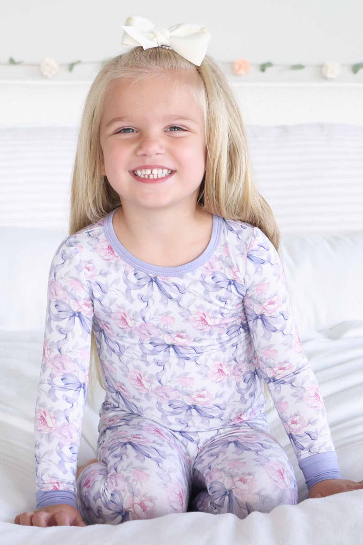 pink rose and purple ribbon bow two piece pajama set for girls 