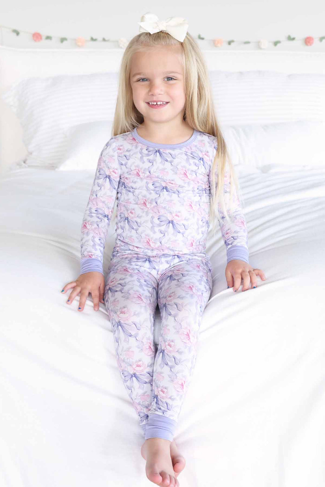 pink rose and purple ribbon bow girl's pajama set two piece 