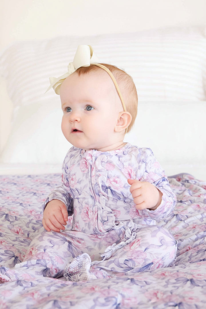 pink and purple rose and ribbon bow ruffle footie for babies
