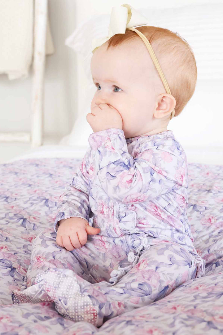 leighton's lavender bamboo waffle zipper ruffle footie for baby girls 