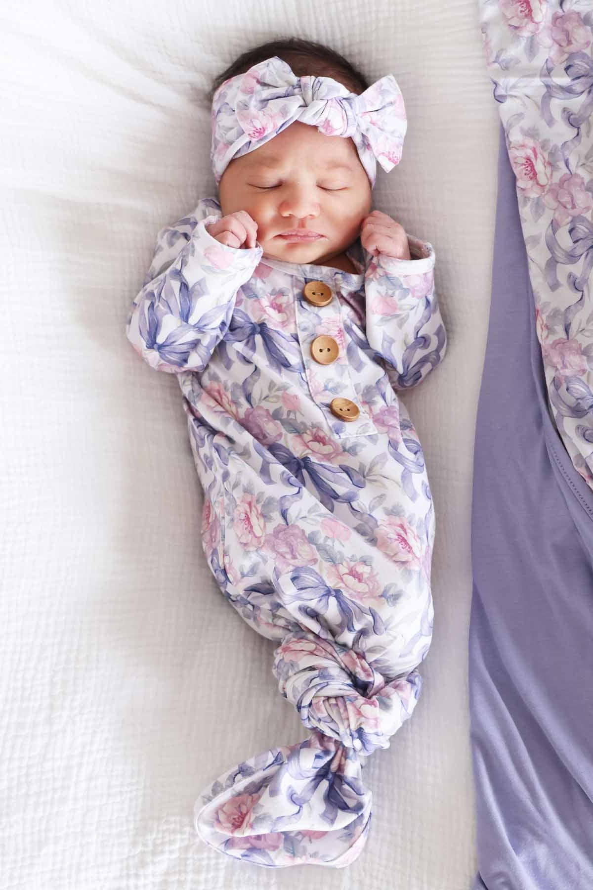 Leighton's Lavender Newborn Baby Knot Gown & Hat Set