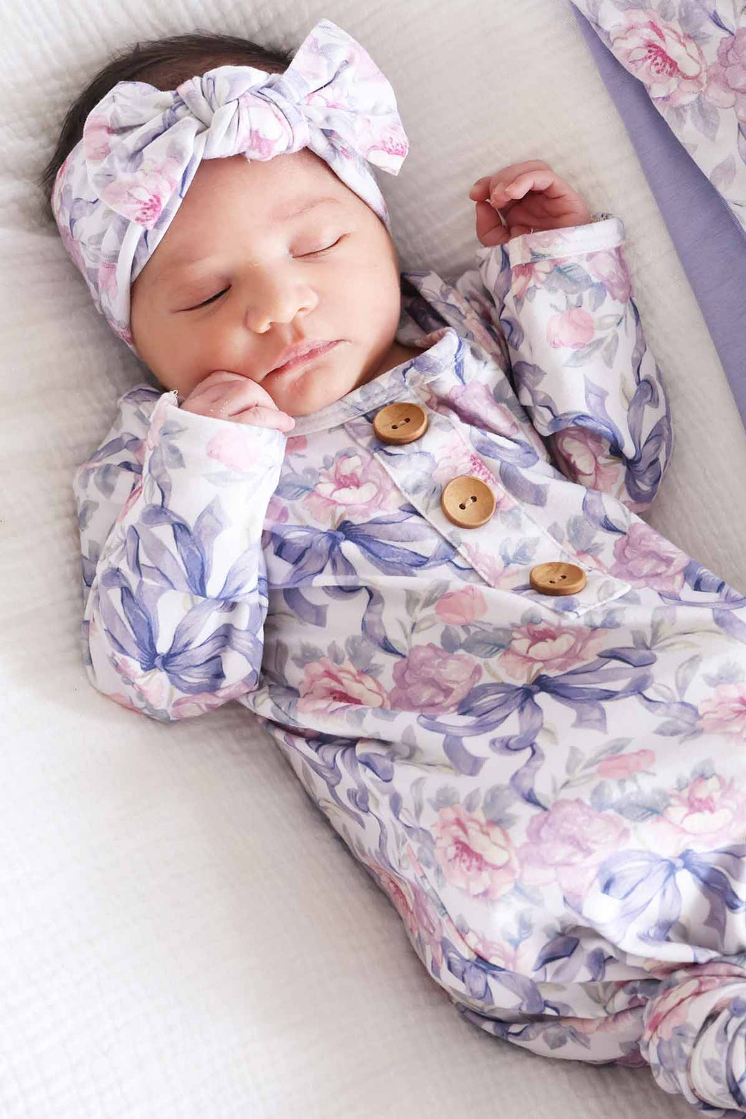 pink and purple floral and bow bamboo viscose knot gown and hat set for baby girls 