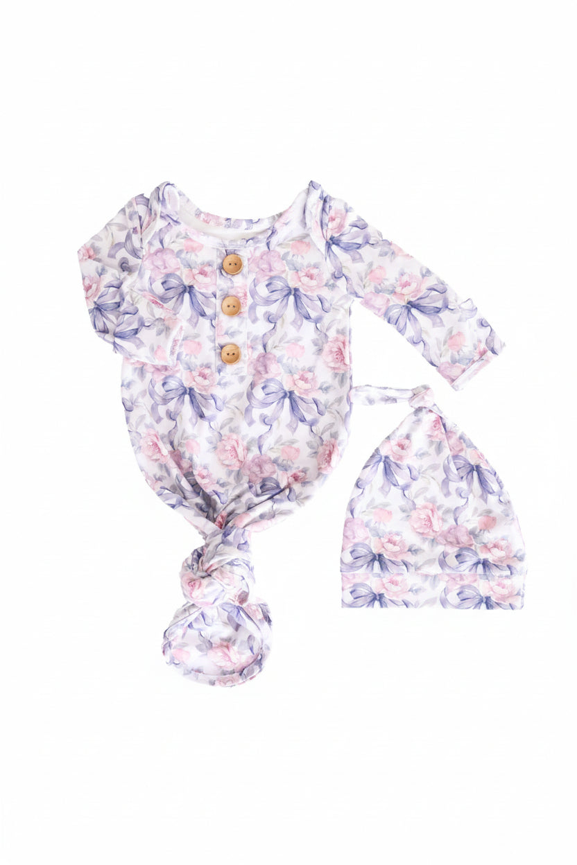 pink and purple floral and bow newborn knot gown and hat set for babies 
